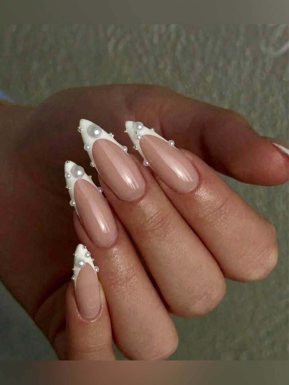 Pearl Embellished Nude & White Stiletto  Press-On Nails